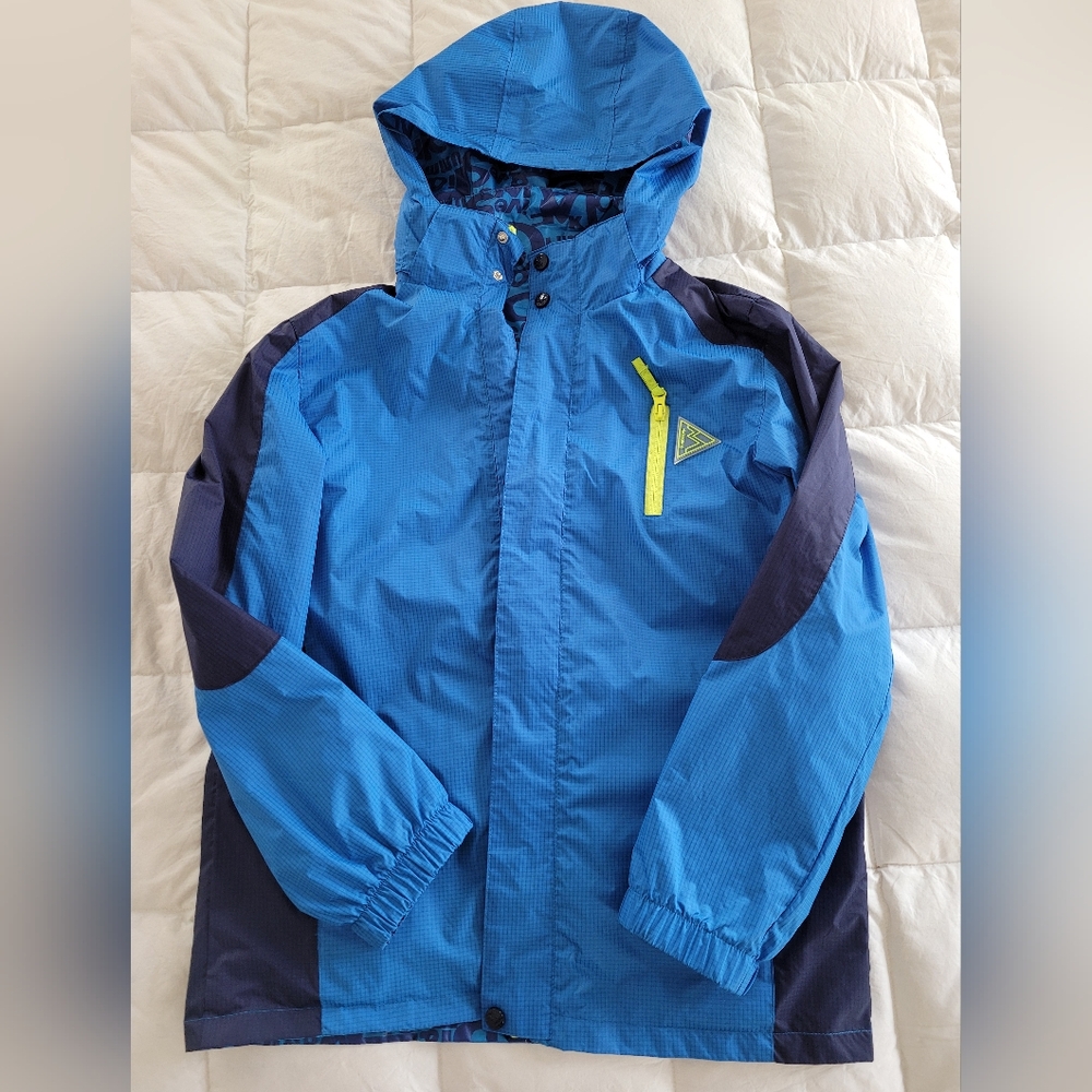 Boys' Large Blue and Navy Hooded Windbreaker Jacket with Yellow Accents